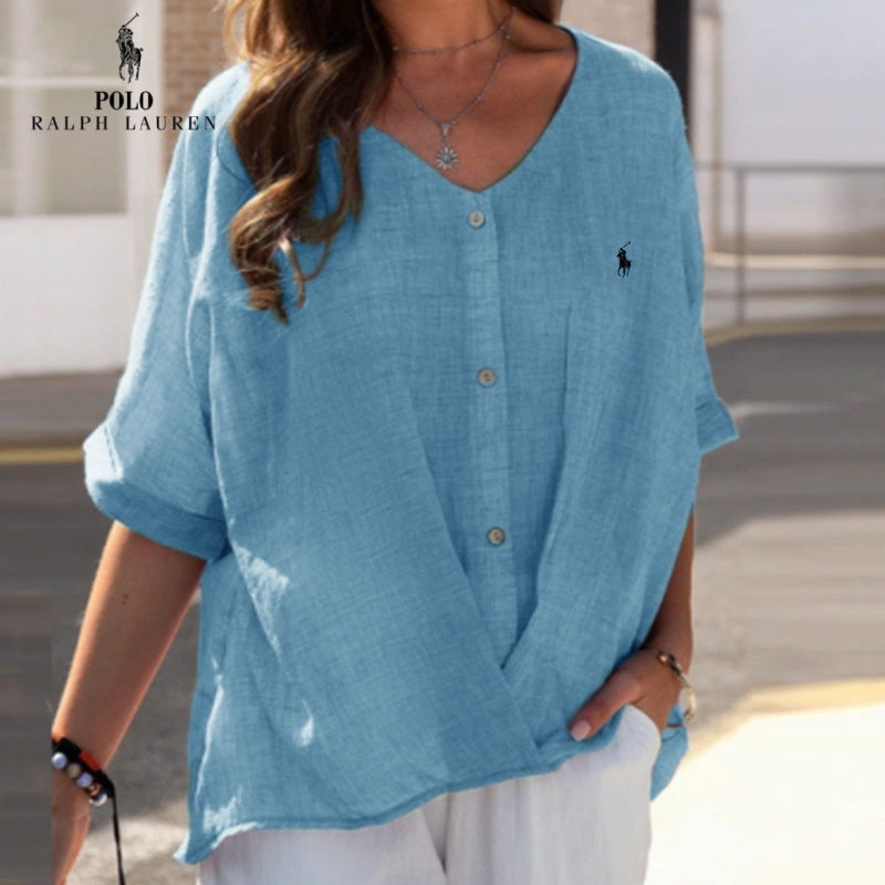 Saldi 🔥Camicia in lino con scollo a V e volant da donna Ralph Lauren