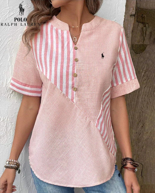 Camicia Ralph Lauren in cotone e lino a righe asimmetriche con scollo a V (Liquidazione Limitata)