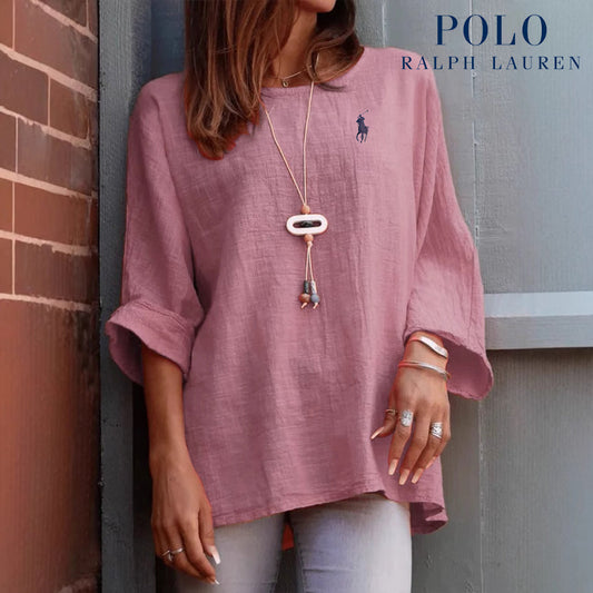 [Ralph Lauren] Moda casual primaverile ed estiva, girocollo, ampio, in cotone e lino, tinta unita, maniche lunghe