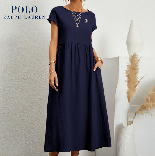 [Ralph Lauren] Abito ampio in cotone e lino, maniche corte, colore uniforme, con tasche, scollo rotondo e pieghe