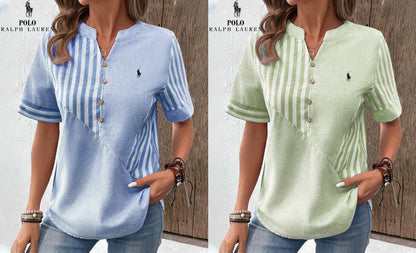 Camicia Ralph Lauren in cotone e lino a righe asimmetriche con scollo a V (Liquidazione Limitata)