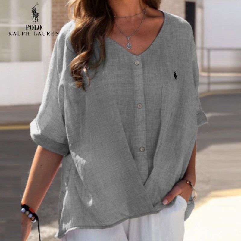 Saldi 🔥Camicia in lino con scollo a V e volant da donna Ralph Lauren