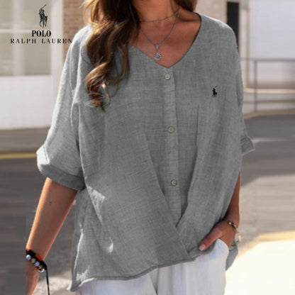 Saldi 🔥Camicia in lino con scollo a V e volant da donna Ralph Lauren