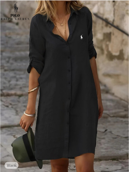 Abito camicia in cotone e lino tinta unita con revers ampio e bottoni, maniche lunghe (Liquidazione Limitata)