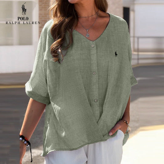 Saldi 🔥Camicia in lino con scollo a V e volant da donna Ralph Lauren