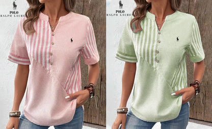 Camicia Ralph Lauren in cotone e lino a righe asimmetriche con scollo a V (Liquidazione Limitata)