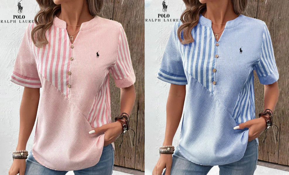 Camicia Ralph Lauren in cotone e lino a righe asimmetriche con scollo a V (Liquidazione Limitata)