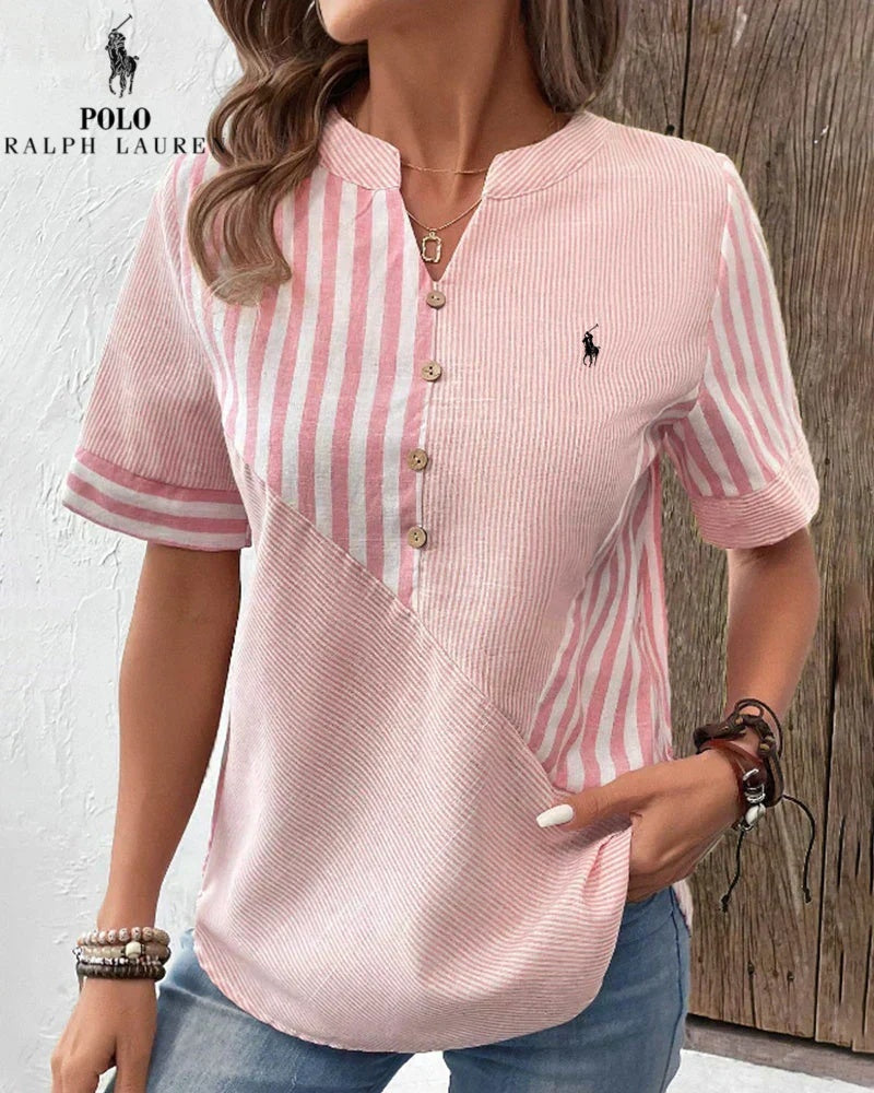 Camicia Ralph Lauren in cotone e lino a righe asimmetriche con scollo a V (Liquidazione Limitata)