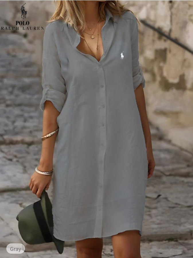 Abito camicia in cotone e lino tinta unita con revers ampio e bottoni, maniche lunghe (Liquidazione Limitata)