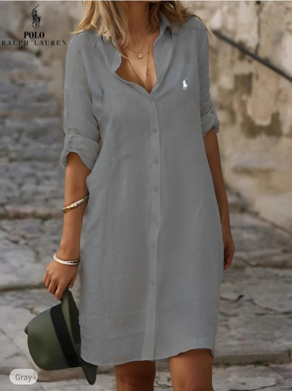Abito camicia in cotone e lino tinta unita con revers ampio e bottoni, maniche lunghe (Liquidazione Limitata)