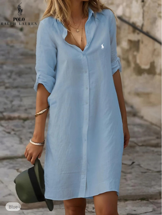 Abito camicia in cotone e lino tinta unita con revers ampio e bottoni, maniche lunghe (Liquidazione Limitata)