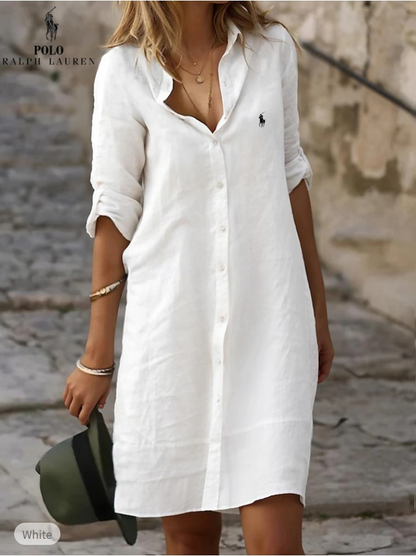Abito camicia in cotone e lino tinta unita con revers ampio e bottoni, maniche lunghe (Liquidazione Limitata)