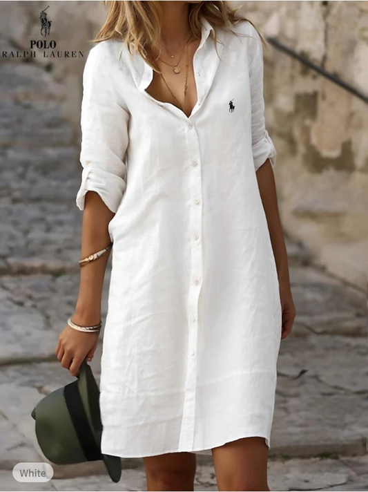 Abito camicia in cotone e lino tinta unita con revers ampio e bottoni, maniche lunghe (Liquidazione Limitata)